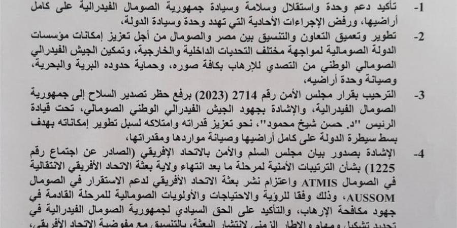 بيان مشترك بين مصر والصومال: تمكين الجيش الوطني للتصدي للإرهاب وحماية حدوده البرية والبحرية وصيانة وحدة أراضيه