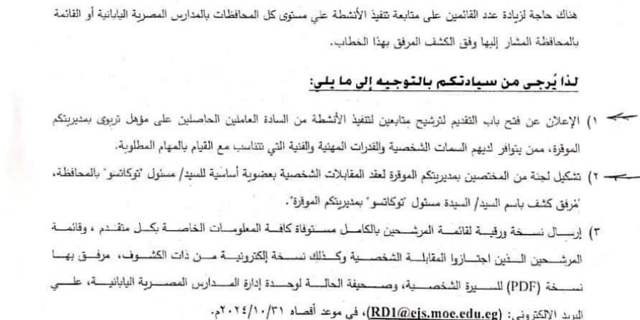 فتح باب ترشيح متابعين لتنفيذ الأنشطة بالمدارس المصرية اليابانية.. المواعيد والشروط