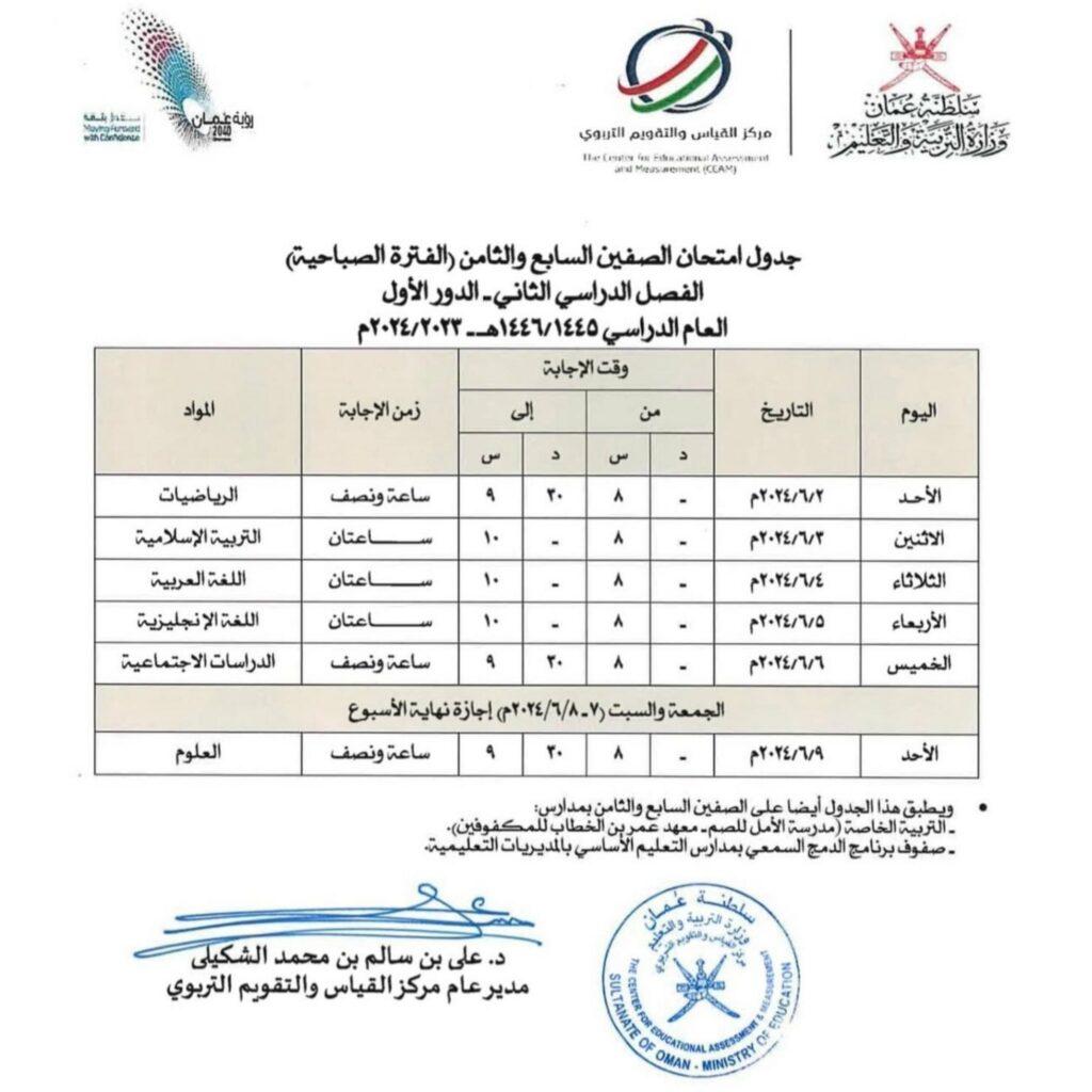 جدول اختبارات الصف السابع والثامن سلطنة عمان 2024 الفصل الدراسي الثاني