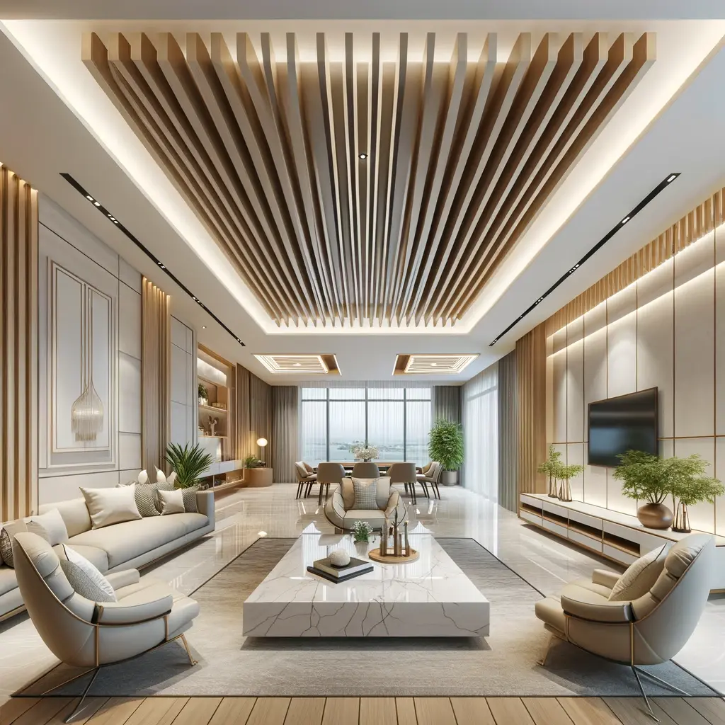 DALL·E 2024 03 05 21.28.53 Design an image of a modern living room that showcases a stunning ceiling design. The ceiling should have a substantial border made of smooth white g 1
