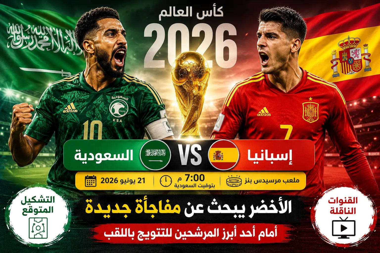 موعد مباراة السعودية وإسبانيا في كأس العالم 2026 والقنوات الناقلة والتشكيل المتوقع.. الأخضر يتحدى الماتادور بعد ملحمة أوروجواي في مواجهة قد تحدد مصير التأهل