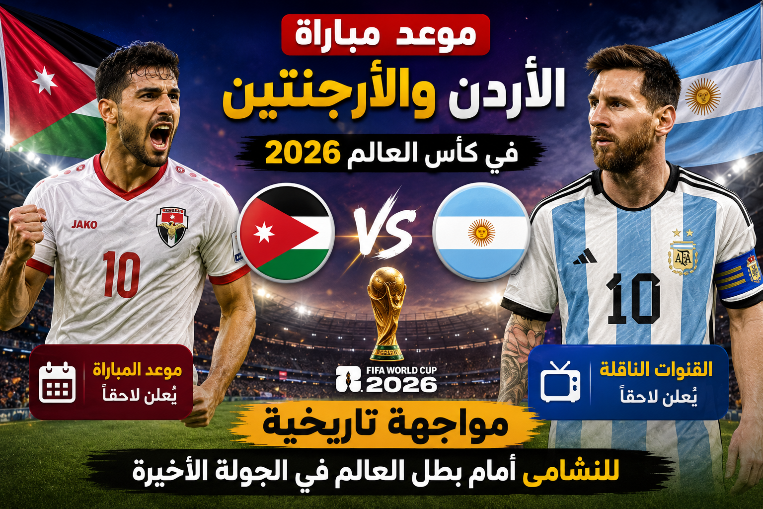 موعد مباراة الأردن والأرجنتين في كأس العالم 2026 والقنوات الناقلة.. النشامى يواجهون بطل العالم في مواجهة جماهيرية مرتقبة