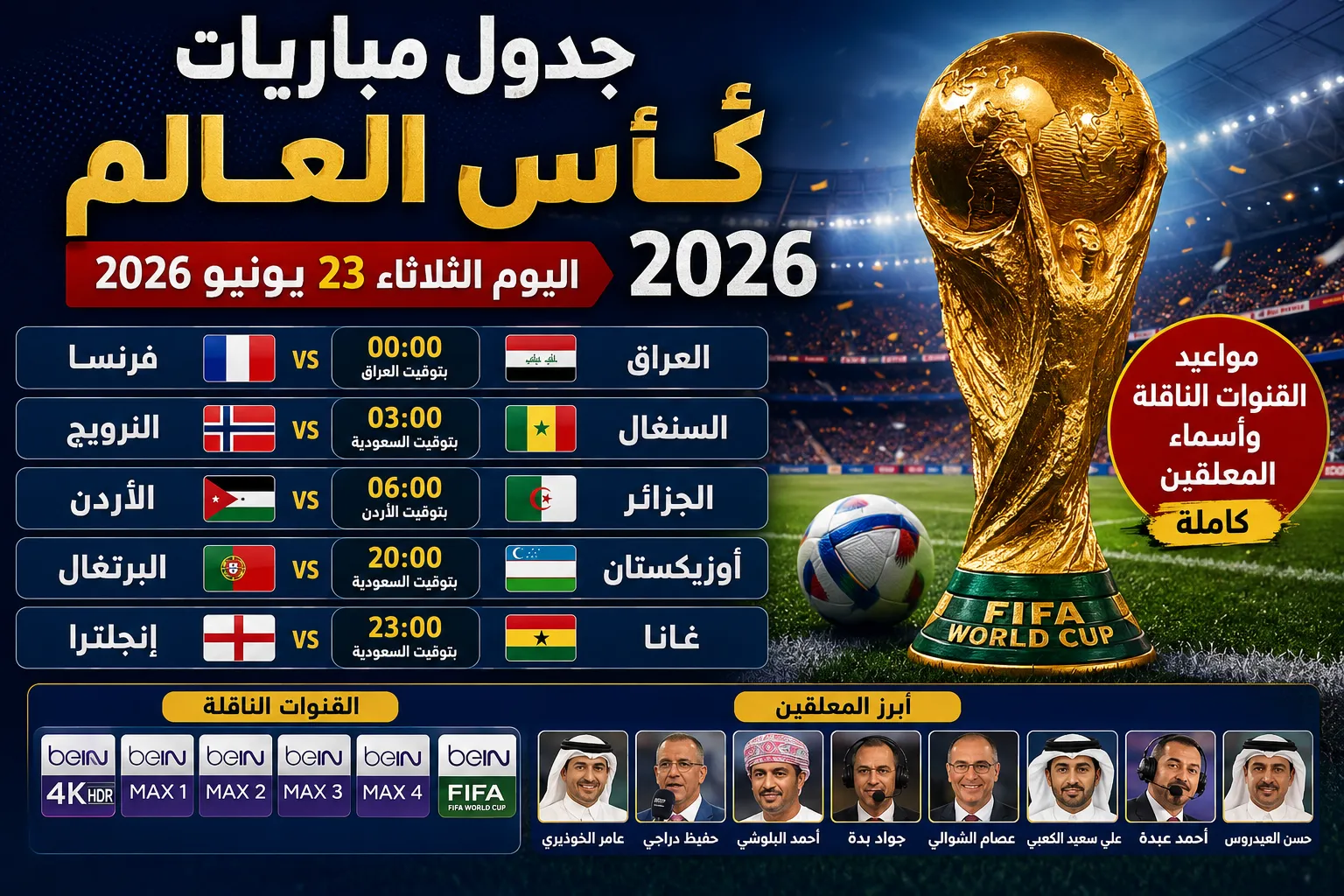 جدول مباريات كأس العالم اليوم الثلاثاء 23 يونيو 2026.. مواعيد مباريات فرنسا والعراق والأردن والجزائر والقنوات الناقلة وأسماء المعلقين كاملة
