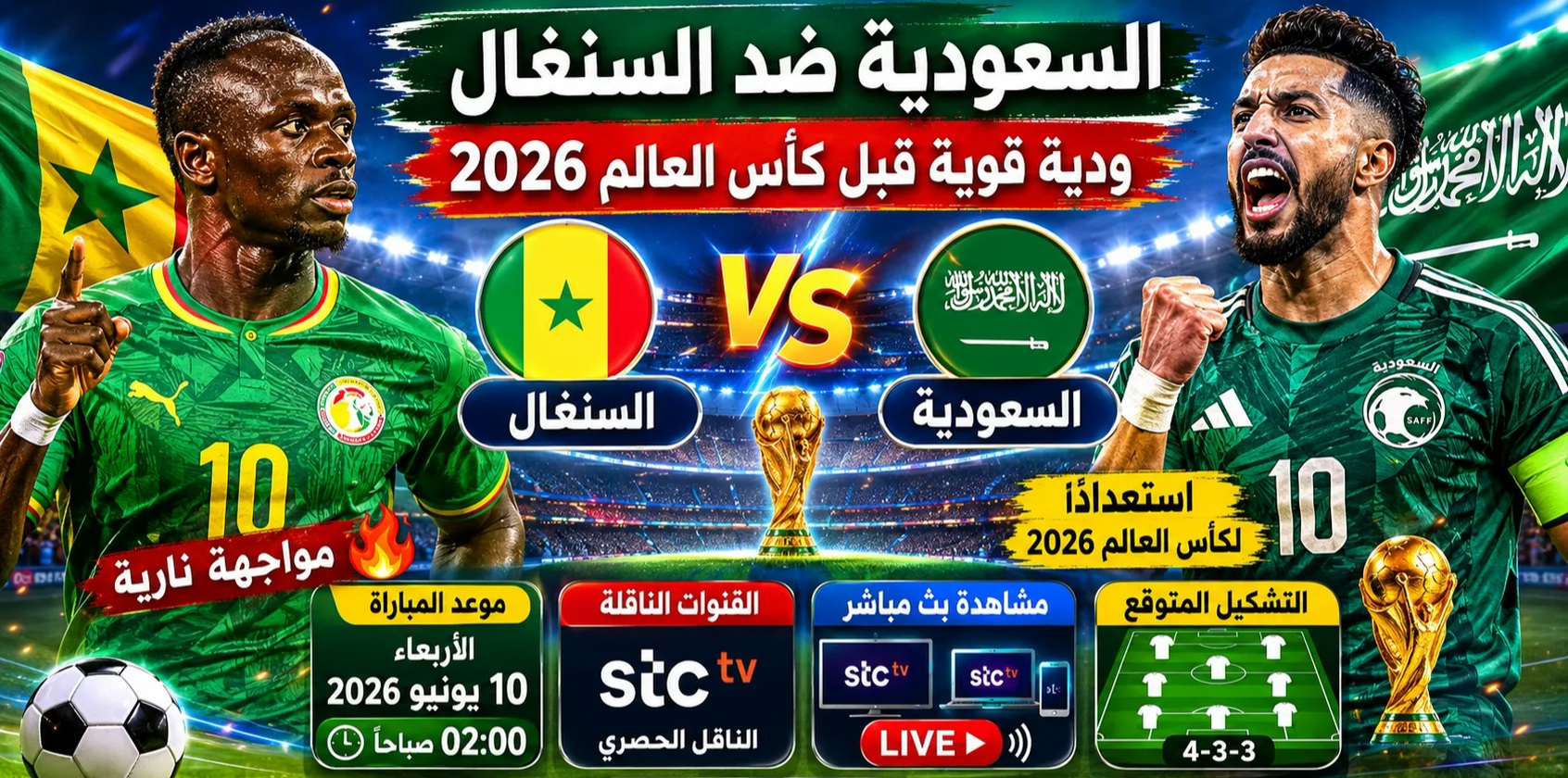 موعد مباراة السعودية والسنغال الودية استعدادًا لكأس العالم 2026 والقنوات الناقلة والتشكيل المتوقع للمواجهة المرتقبة