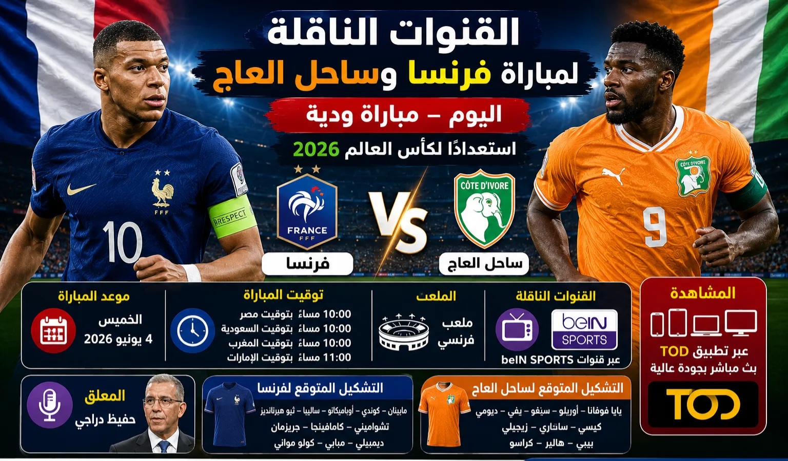 موعد مباراة فرنسا وساحل العاج اليوم الخميس 4 يونيو 2026 والقنوات الناقلة والتشكيل المتوقع والمعلق.. مواجهة نارية استعدادًا لكأس العالم 2026