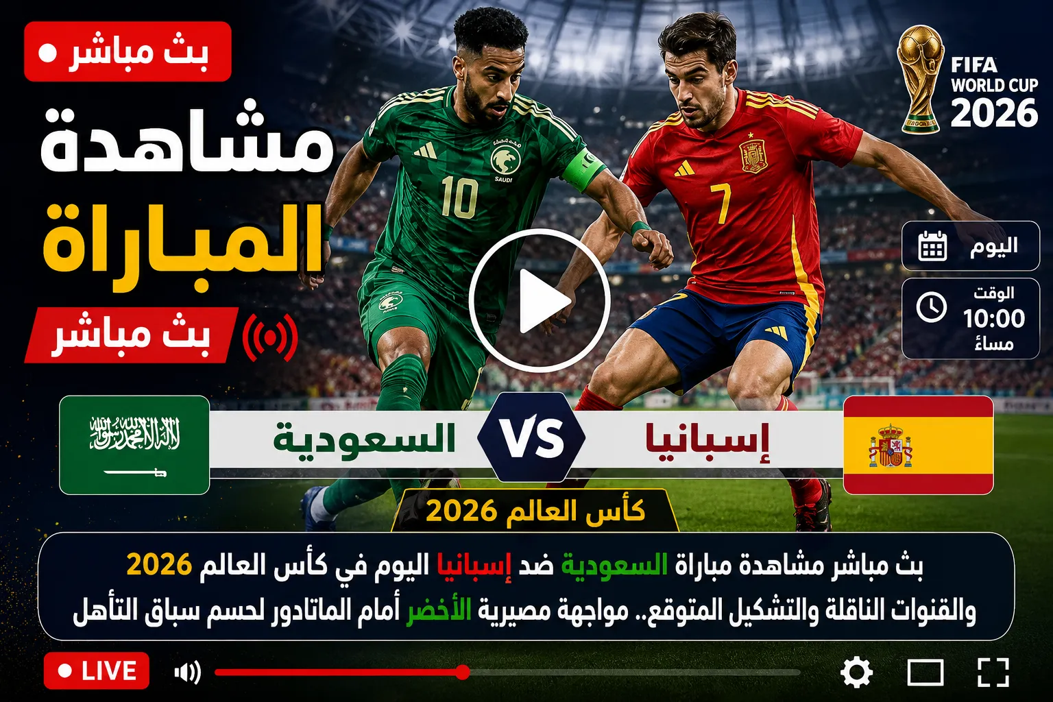 بث مباشر مباراة السعودية ضد إسبانيا اليوم في كأس العالم 2026 والقنوات الناقلة والتشكيل المتوقع.. مواجهة مصيرية للأخضر في صراع التأهل