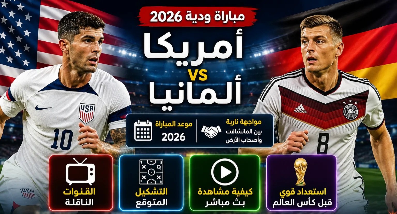 القنوات الناقلة لمباراة أمريكا وألمانيا الودية 2026.. الموعد الرسمي والتشكيل المتوقع وكيف تشاهد مواجهة العمالقة استعدادًا لكأس العالم