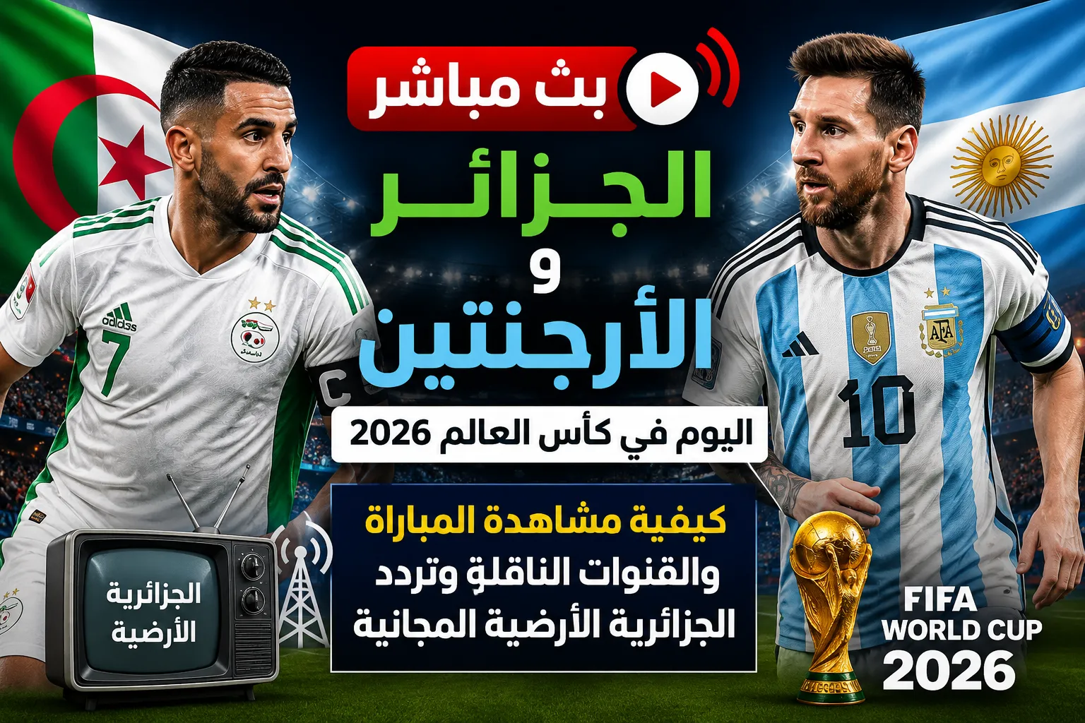 بث مباشر الجزائر والأرجنتين اليوم في كأس العالم 2026.. كيفية مشاهدة المباراة والقنوات الناقلة مجانًا وتردد الجزائرية الأرضية