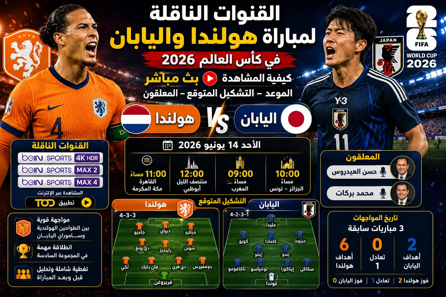 القنوات الناقلة لمباراة هولندا واليابان في كأس العالم 2026.. الموعد الرسمي والمعلقون وكيفية مشاهدة اللقاء مباشرة