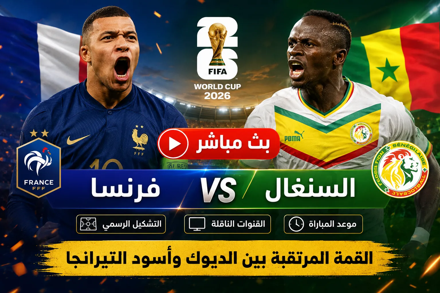 بث مباشر مباراة فرنسا والسنغال في كأس العالم 2026 لحظة بلحظة.. صراع قوي بين الديوك وأسود التيرانجا في الجولة الأولى
